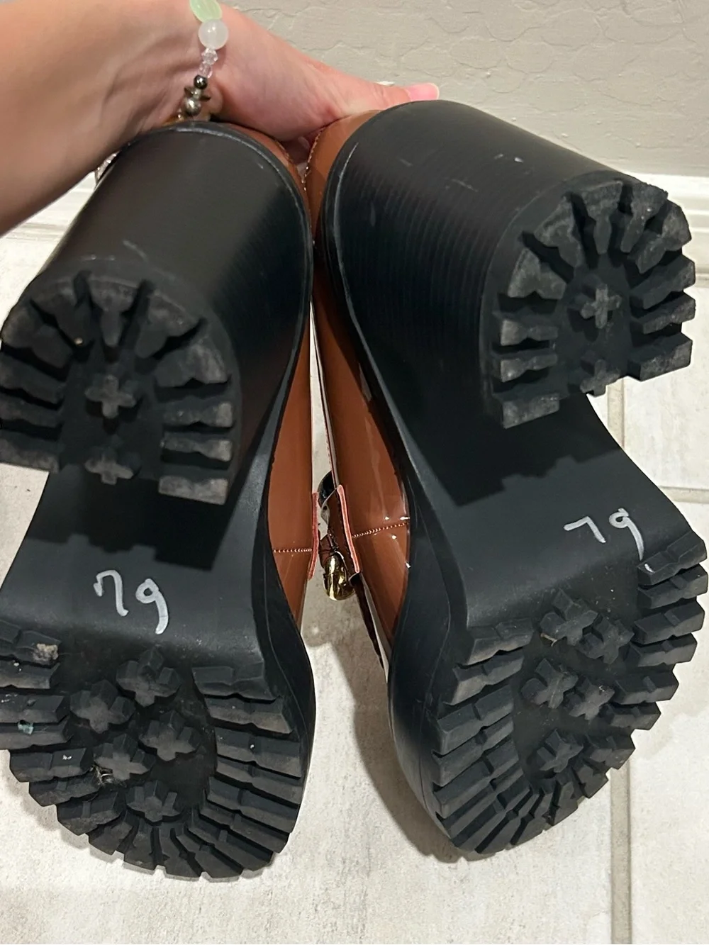 Madden Girl Brown Patent Platform Loafers with Gold Chain